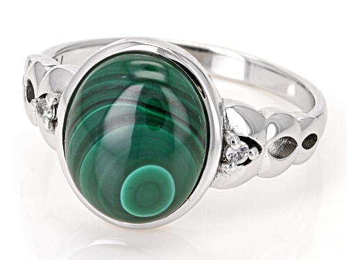 11x9mm Oval Green Malachite With 0.03ctw Round White Zircon Rhodium Over Sterling Silver Ring - Size 7