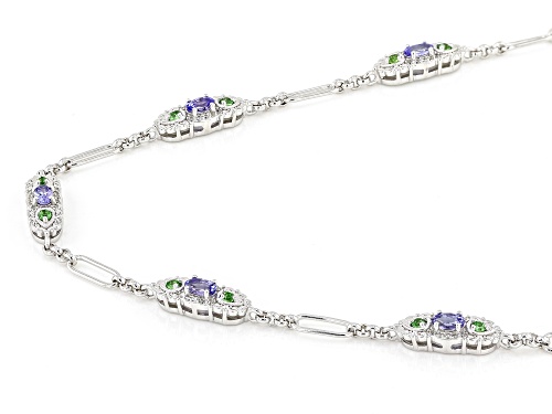 .98ctw Tanzanite, .43ctw Mint Tsavorite With .30ctw White Zircon Rhodium Over Silver Necklace - Size 18