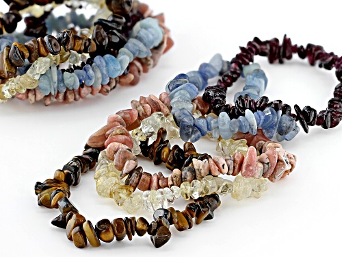 Free-Form Multi-Color Assorted Gemstone Set of 10 Chip Stretch Bracelets