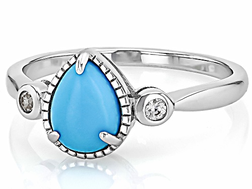 8x6mm Pear Shape Cabochon Sleeping Beauty Turquoise With .09ctw Zircon Rhodium Over Silver Ring - Size 9