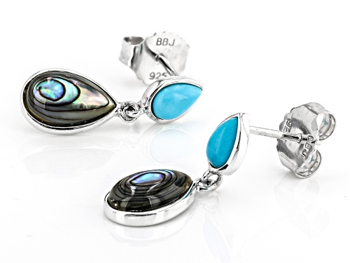 6x4mm Pear Shape Sleeping Beauty Turquoise With 10x6mm Pear Abalone Shell Silver Dangle Earrings