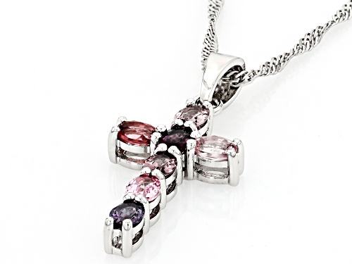 0.83ctw Oval Multicolor Spinel Rhodium Over Sterling Silver Cross Pendant With Chain