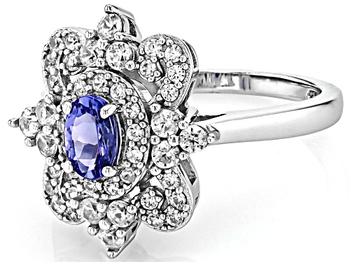 0.38ct Oval Tanzanite With 0.61ctw Round White Zircon Rhodium Over Sterling Silver ring - Size 7
