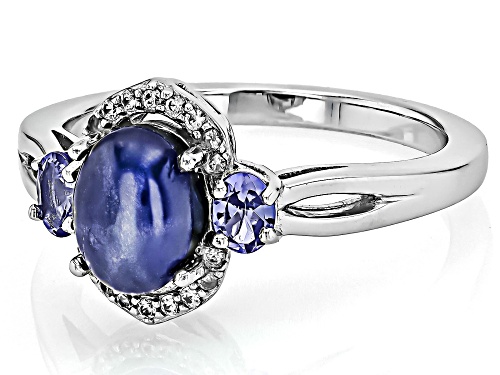 8x6mm Oval Blue Star Sapphire, .29ctw Tanzanite With .17ctw White Zircon Rhodium Over Silver Ring - Size 6