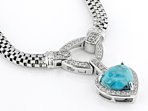 10x10mm Heart Cabochon Turquoise With 0.56ctw White Zircon Rhodium Over Silver Necklace - Size 18