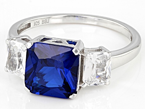 2.08ct Square Octagonal Lab Blue Spinel With .87ctw Lab White Sapphire Rhodium Over Silver Ring - Size 7
