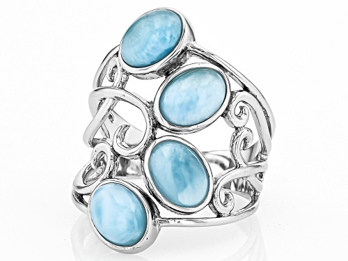 7x5mm Oval Cabochon Larimar Rhodium Over Sterling Silver Ring - Size 6