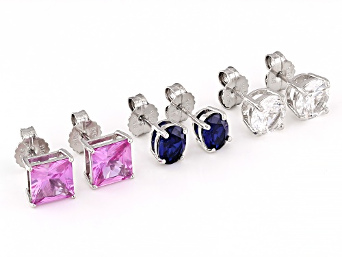 12.10ctw Lab Pink Sapphire, Lab White Sapphire, Lab Blue Sapphire Rhodium Over Silver Earrings Set