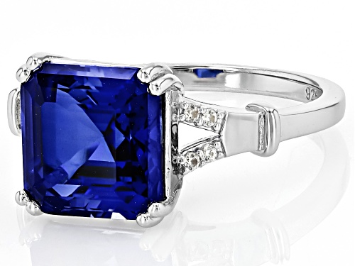 4.89ct Asscher Cut Lab Created Blue Sapphire, 0.06ctw White Zircon Rhodium Over Sterling Silver Ring - Size 8