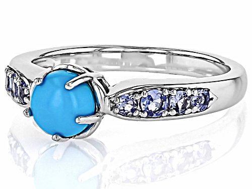 6mm Round Sleeping Beauty Turquoise With 0.27ctw Round Tanzanite Rhodium Over Sterling Silver Ring - Size 10