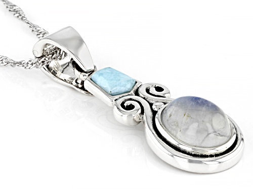 10x8mm Oval Cabochon Rainbow Moonstone With Larimar Rhodium Over Silver Pendant With Chain
