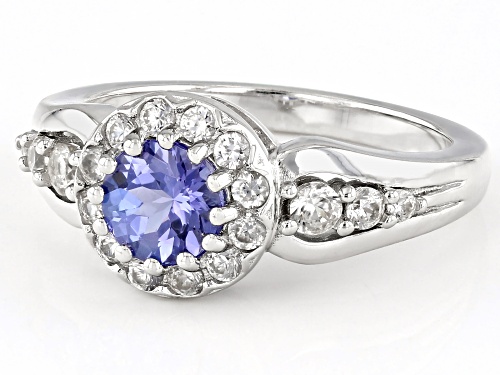 0.77ct Round Tanzanite With 0.64ctw Round White Zircon Rhodium Over Sterling Silver Ring - Size 10