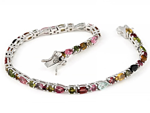 5.53ctw Mixed Shape Multi-Tourmaline Rhodium Over Sterling Silver Tennis Bracelet - Size 8