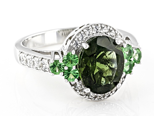 1.68ct Oval Moldavite, .40ctw Mint Tsavorite With .60ctw Zircon Rhodium Over Sterling Silver Ring - Size 9