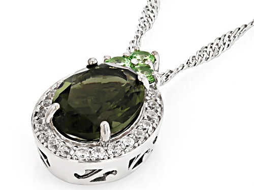 1.68ct Oval Moldavite, .20ctw Mint Tsavorite With .23ctw Zircon Rhodium Over Silver Pendant/Chain