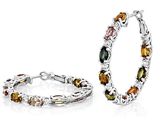 3.37ctw Multicolor Tourmaline With 0.54ctw White Zircon Rhodium Over Sterling Silver Hoop Earrings