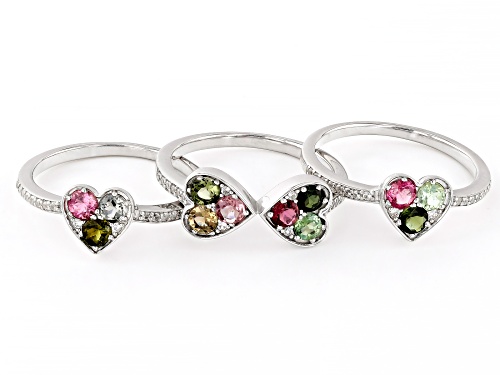 1.02ctw Round Multicolor Tourmaline With .15ctw Zircon Rhodium Over Silver Stackable Ring Set - Size 7