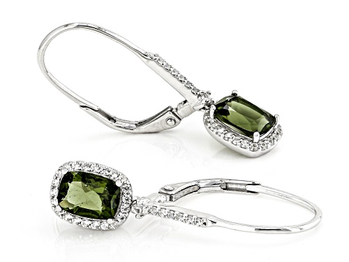 1.19ct Cushion Moldavite With 0.36ctw Round White Zircon Rhodium Over Silver Dangle Earrings