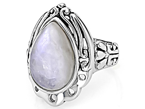 16x11mm Pear Shape Cabochon Rainbow Moonstone Sterling Silver Solitaire Ring - Size 7