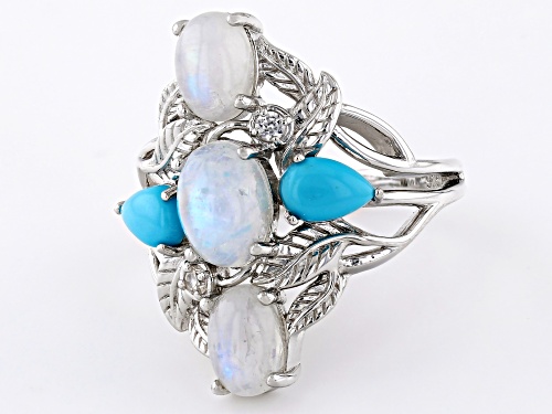 Rainbow Moonstone, Sleeping Beauty Turquoise With .09ctw Zircon Rhodium Over Silver Ring - Size 6