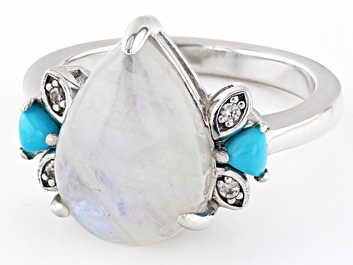 Rainbow Moonstone, Sleeping Beauty Turquoise With .05ctw White Zircon Rhodium Over Silver Ring - Size 8
