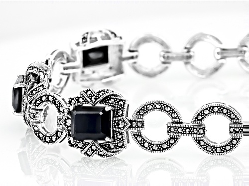 12.60ctw Rectangular Octagonal Black Spinel With Round Marcasite Sterling Silver Toggle Bracelet - Size 8