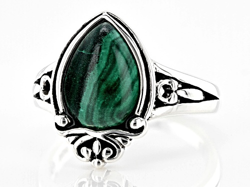 12x8mm Pear Shape Cabochon Malachite Sterling Silver Solitaire Ring - Size 7