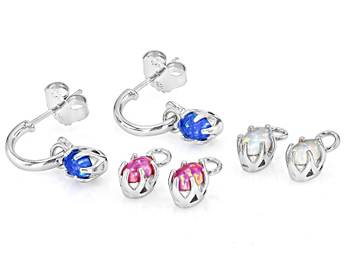 6x4mm Oval Lab Blue, Lab Pink, Lab White Opal Rhodium Over Silver Interchangeable Earrings