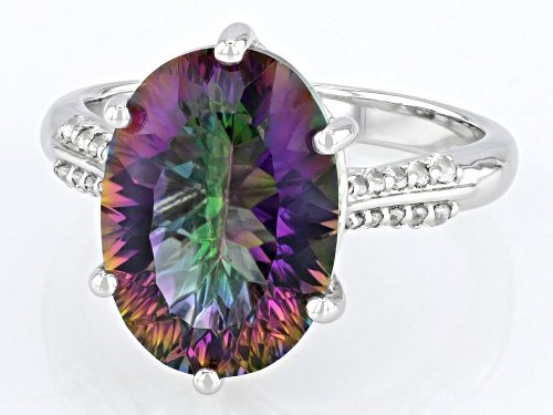 4.79ct Oval Concave Cut Multi-Color Quartz With 0.18ctw Zircon Rhodium Over Sterling Silver Ring - Size 10