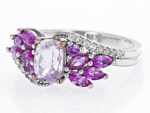 1.27ct Kunzite With 0.92ctw Lab Pink Sapphire & Zircon Rhodium & 18k Rose Gold Over Silver Ring - Size 8