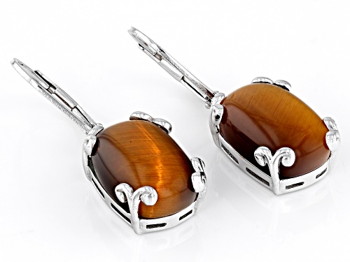14x9mm Cushion Cabochon Tigers Eye Rhodium Over Sterling Silver Solitaire Dangle Earrings