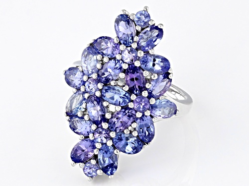 3.85ctw Oval And 0.33ctw Round Tanzanite Rhodium Over Sterling Silver Ring - Size 6