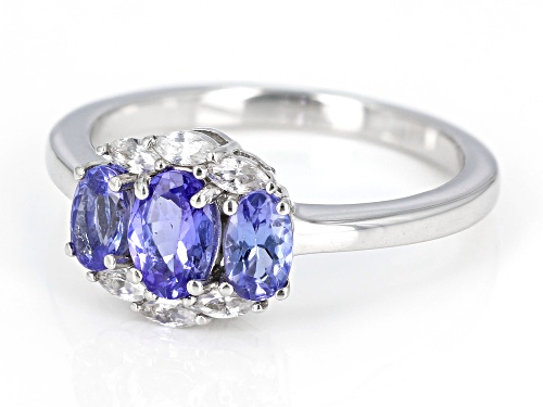 0.75ctw Oval Tanzanite With 0.23ctw Marquise White Zircon Rhodium Over Sterling Silver Ring - Size 8