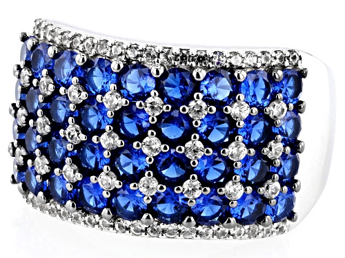 2.17ctw Round Lab Blue Spinel With 0.47ctw White Zircon Rhodium Over Sterling Silver Band Ring - Size 6