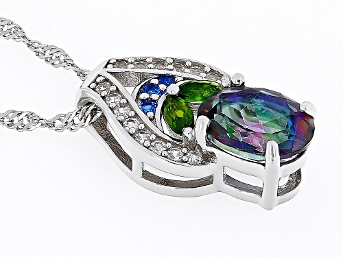 1.91ct Mystic Fire® Topaz, .18ctw Multi Gem And .19ctw Zircon Rhodium Over Silver Pendant Chain