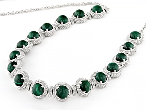 6mm Round Cabochon Malachite Rhodium Over Sterling Silver Tennis Necklace - Size 18