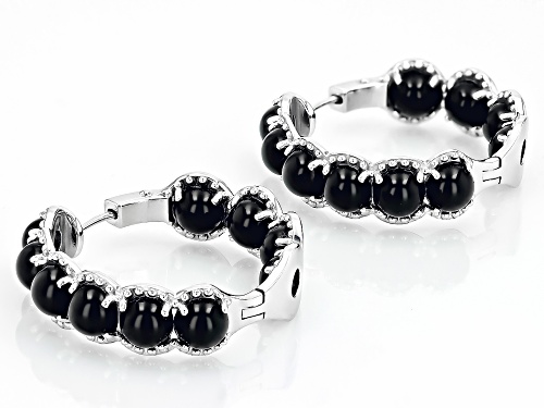 6mm Round Cabochon Black Onyx Rhodium Over Sterling Silver Hoop Earrings