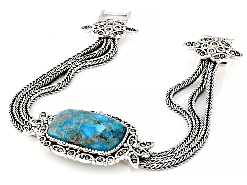22x14mm Cushion Cabochon Turquoise With Round Marcasite Sterling Silver Bracelet - Size 8