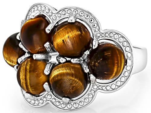 6mm Round Cabochon Tigers Eye Rhodium Over Sterling Silver Ring - Size 7