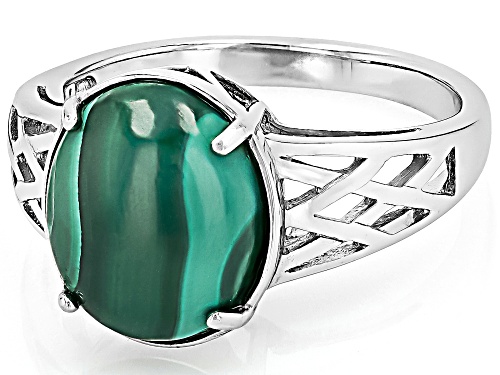 12x10mm Oval Cabochon Malachite Rhodium Over Sterling Silver Solitaire Ring - Size 8