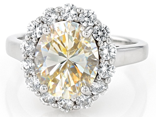 6.13ctw Oval Strontium Titanate With White Zircon Rhodium Over Sterling Silver Halo Ring - Size 9