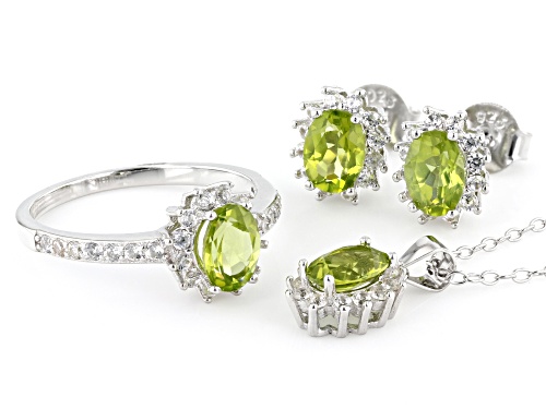 3.38ctw Manchurian Peridot™, White Zircon Rhodium Over Sterling Silver Ring, Earring & Pendant/Chain
