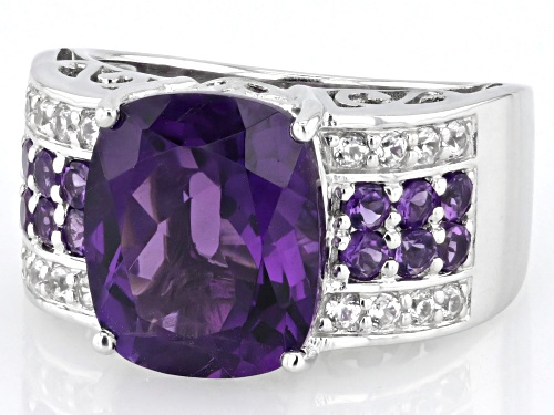 4.60ctw Cushion & Round Amethyst With .27ctw White Zircon Rhodium Over Sterling Silver Ring - Size 10