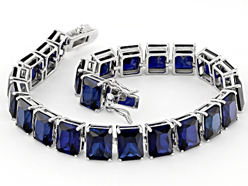 58.65ctw Rectangular Octagonal Lab Created Blue Sapphire Rhodium Over Silver Tennis Bracelet - Size 8