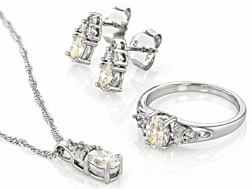 2.98ctw Strontium Titanate, White Zircon Rhodium Over Silver Earrings, Ring, Pendant W/ Chain Set
