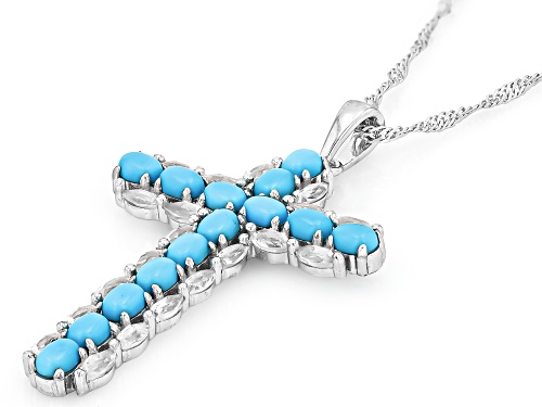 4x3mm Sleeping Beauty Turquoise With 1.36ctw White Topaz Rhodium Over Silver Cross Pendant/Chain