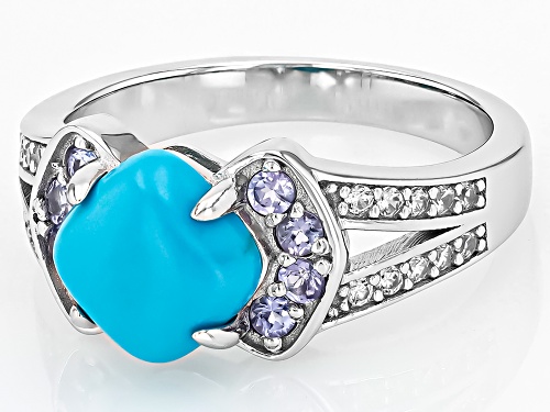 8mm Sleeping Beauty Turquoise, 0.42ctw Tanzanite With White Zircon Rhodium Over Silver Ring - Size 9