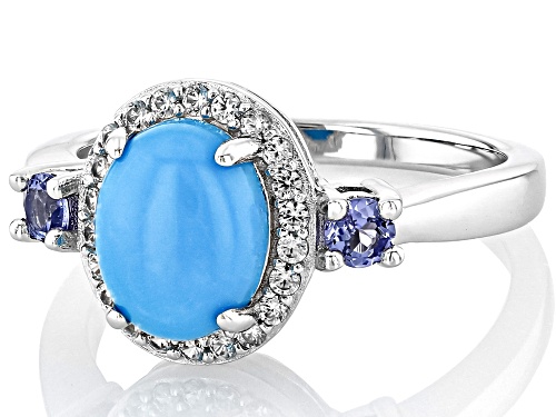 9x7mm Oval Sleeping Beauty Turquoise, .19ctw Tanzanite With .17ct Zircon Rhodium Over Silver Ring - Size 9