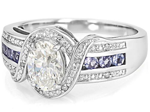 .95ct Lab Strontium Titanate, .22ctw Tanzanite With.03ctw Diamond Accent Rhodium Over Silver Ring - Size 9