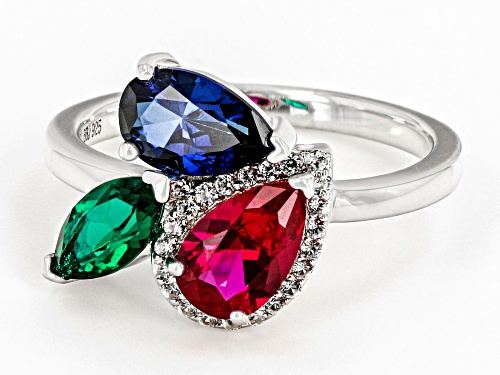 2.02ctw Lab Blue, Lab White Sapphire, Lab Ruby, with Lab Emerald Rhodium Over Silver Ring - Size 8